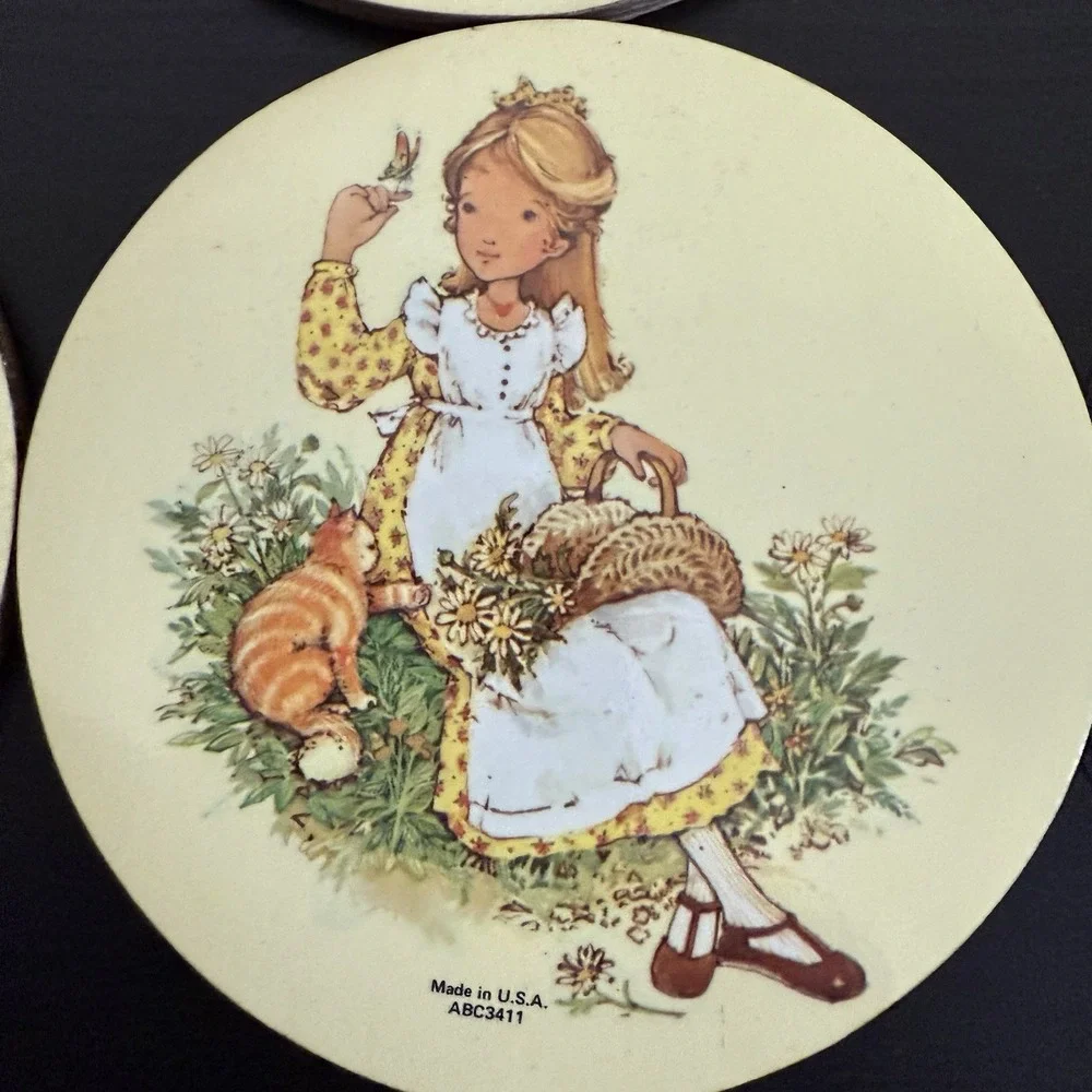 Vintage Holly Hobbie Coaster Set‎ (6) 70s 80s Cork Bottom Kitten Cat Flowers USA